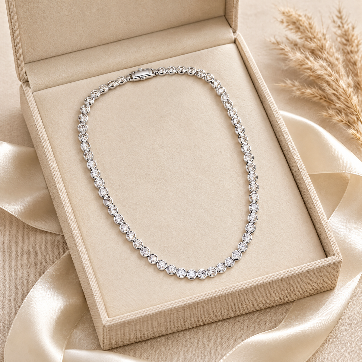 Nina Bezel Moissanite Tennis Necklace, presented in a box