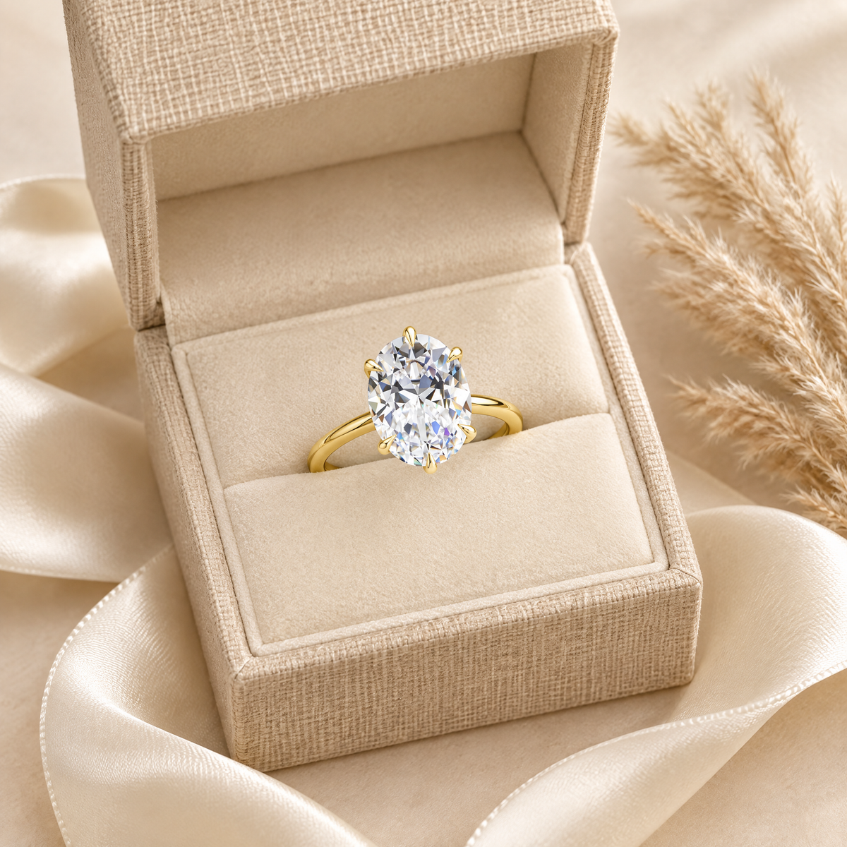 Olympe Oval Moissanite Engagement Ring, presented in a box