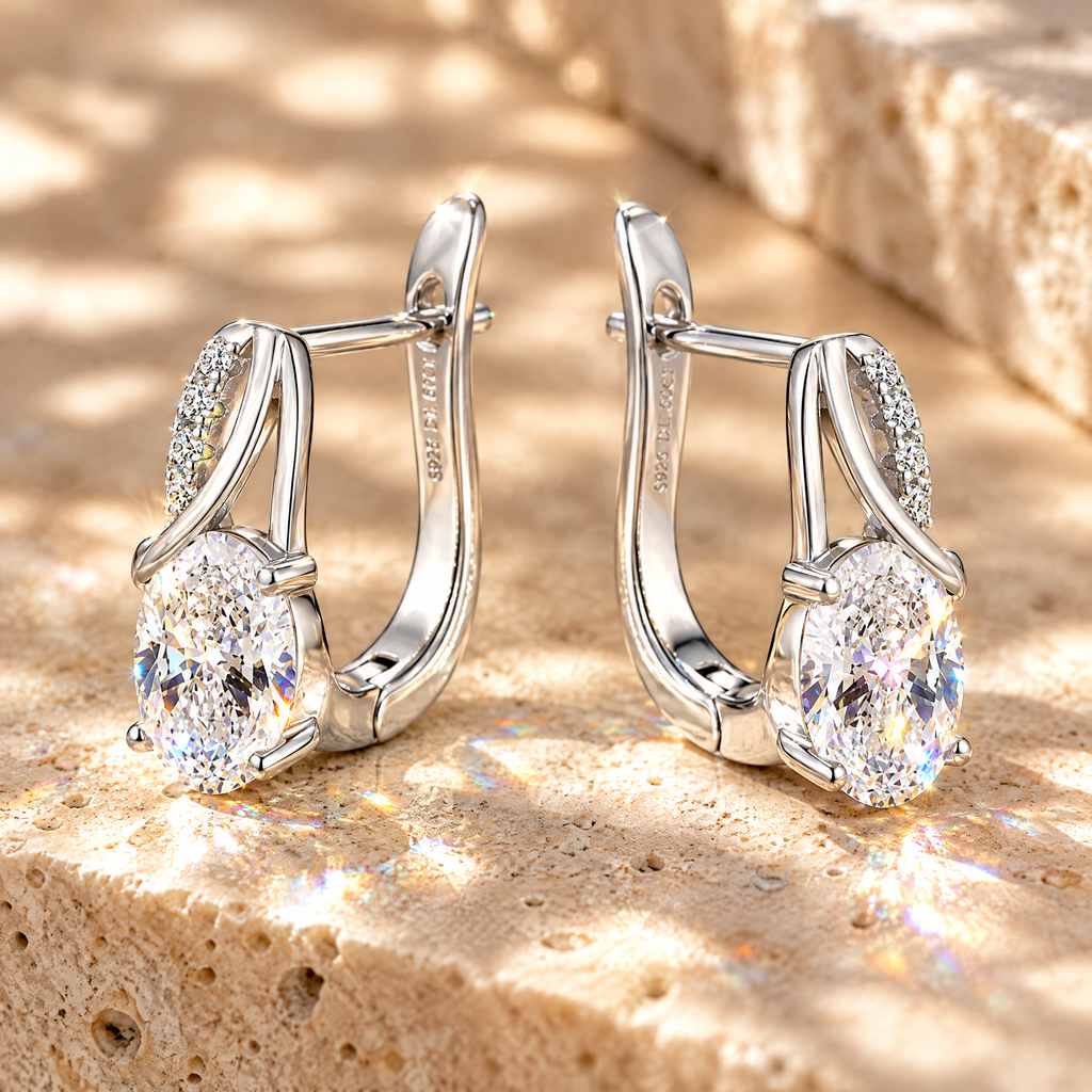 Olympe Oval Moissanite Huggies, close-up detail