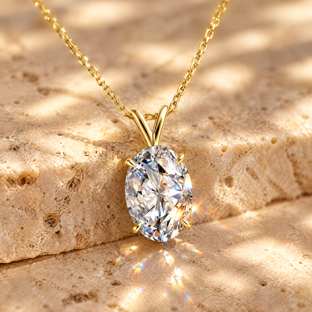 Olympe Oval Moissanite Necklace, 14K Gold Filled, close-up detail