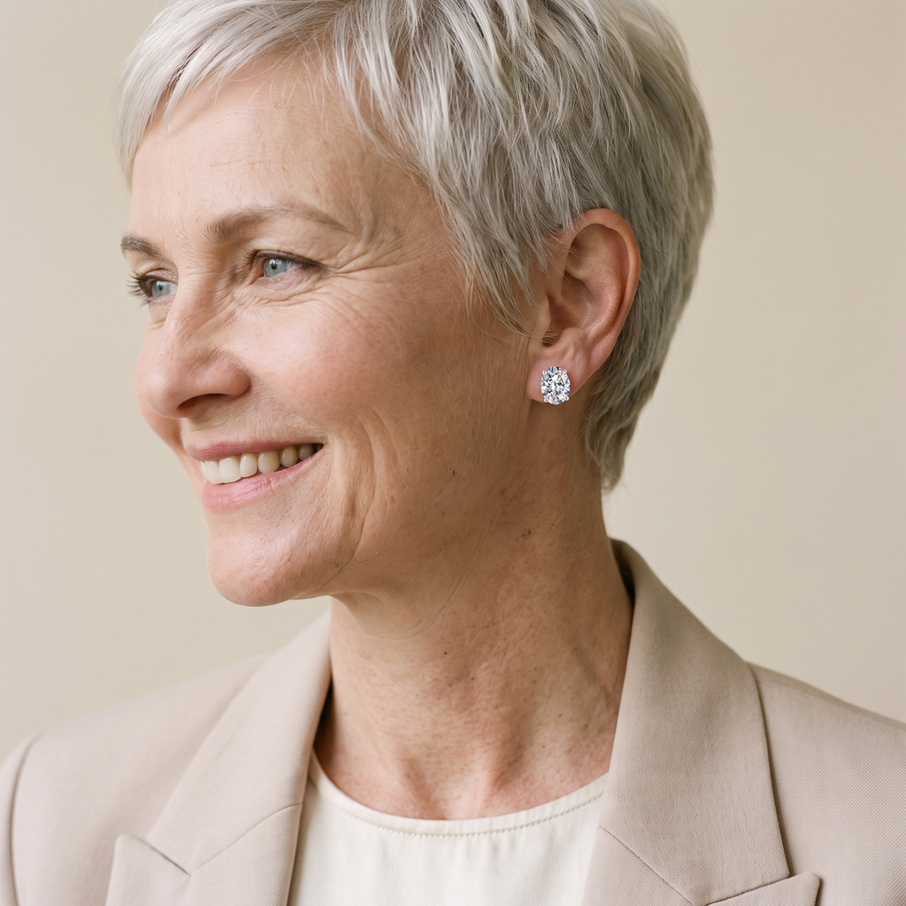 Olympe Oval-Cut Moissanite Studs, worn by a woman