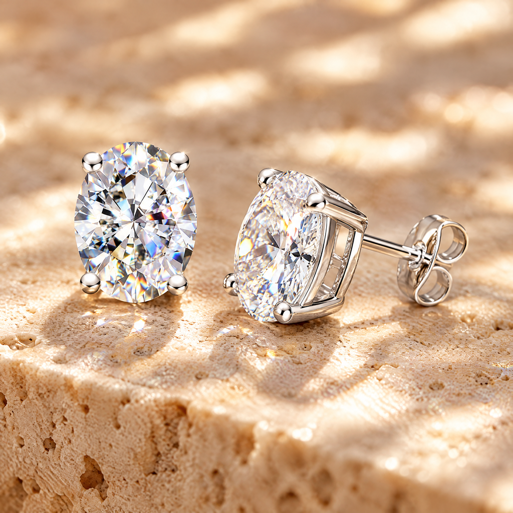 Olympe Oval-Cut Moissanite Studs, close-up detail