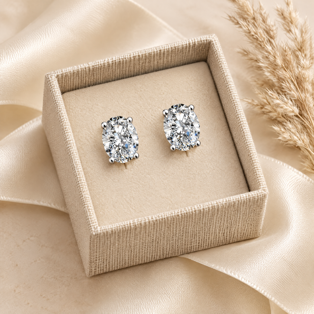 Olympe Oval-Cut Moissanite Studs, presented in a box