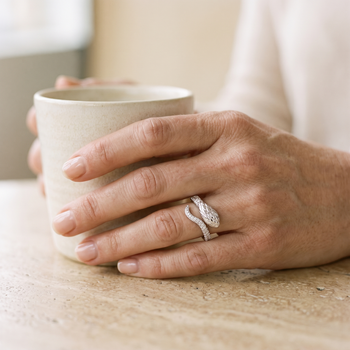 Ondine Moissanite Snake Band, worn by a woman