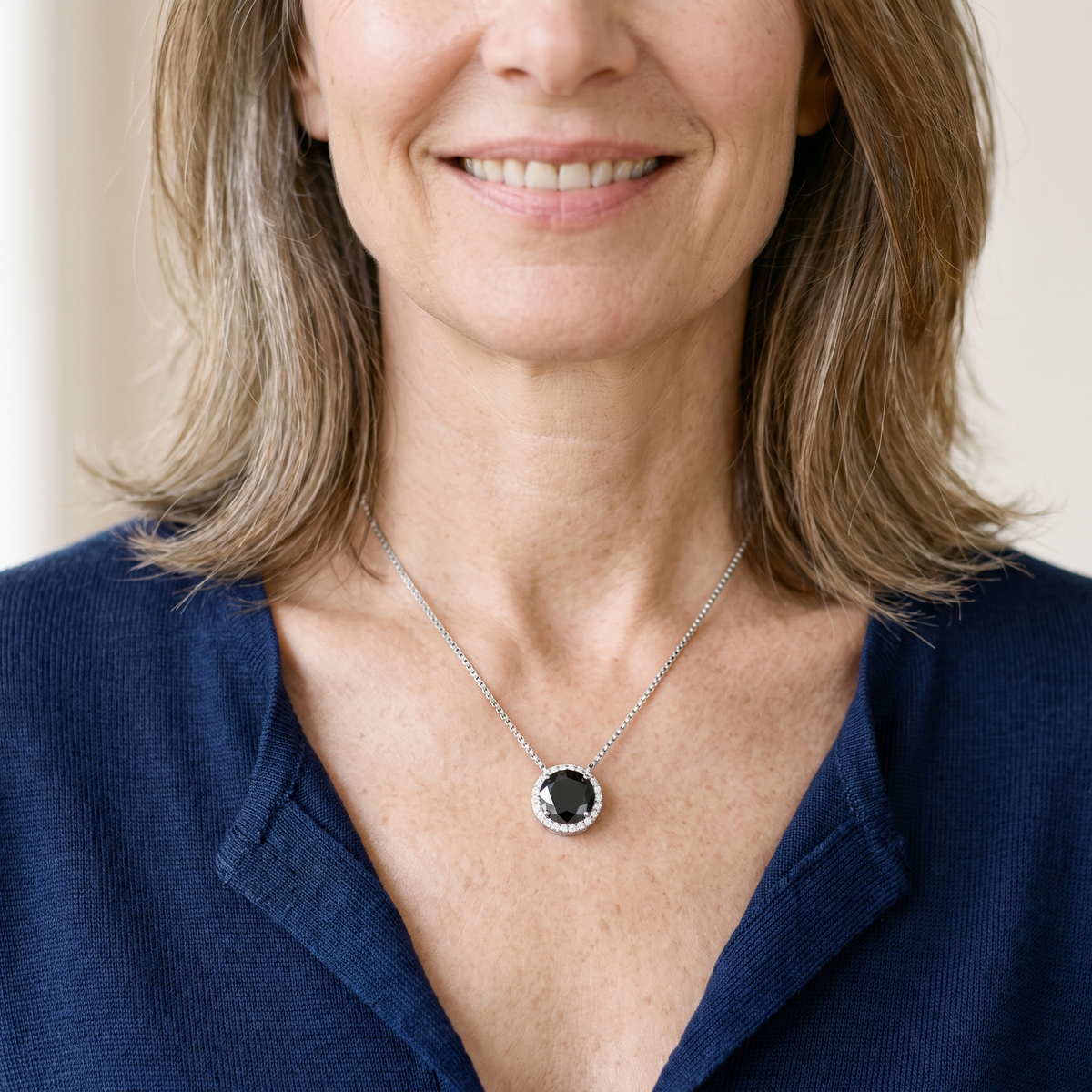 Opaline Colored Moissanite Halo Pendant, worn by a woman