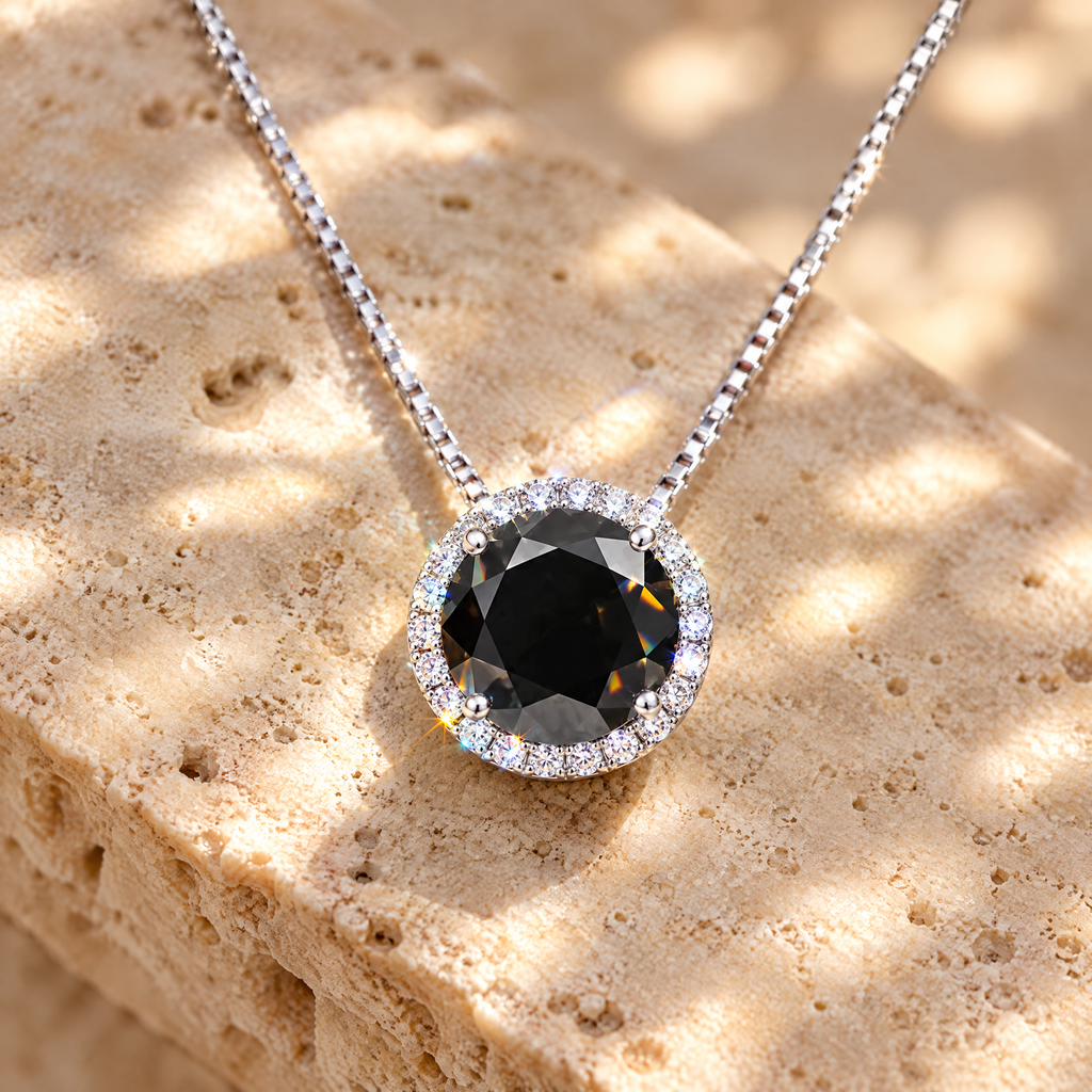 Opaline Colored Moissanite Halo Pendant, close-up detail