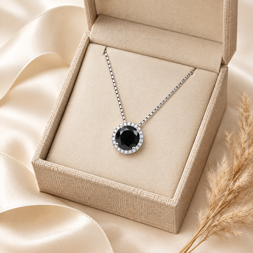 Opaline Colored Moissanite Halo Pendant, presented in a box