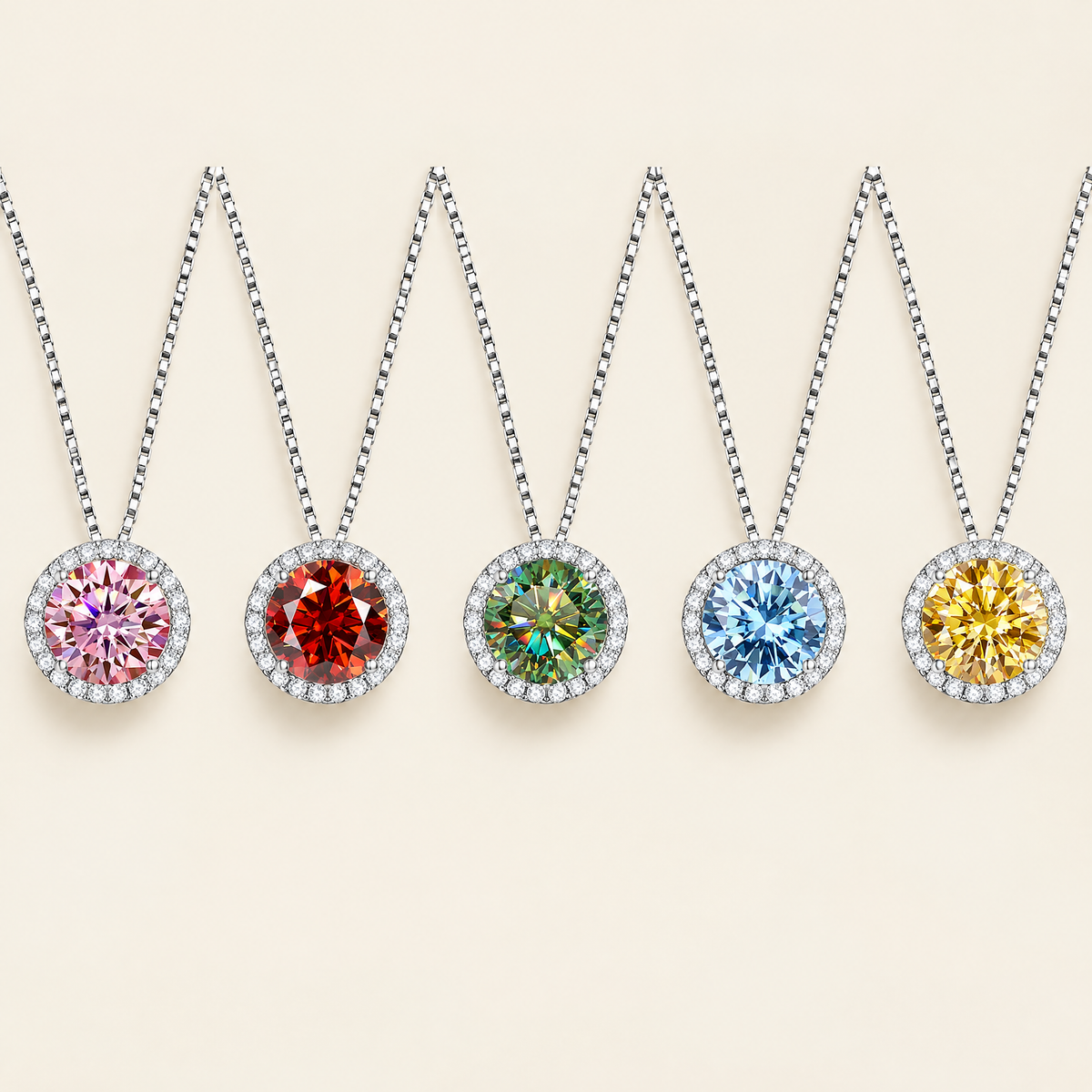 Opaline Colored Moissanite Halo Pendant in Pink, Ruby Red, Green, Sky Blue, Golden Yellow