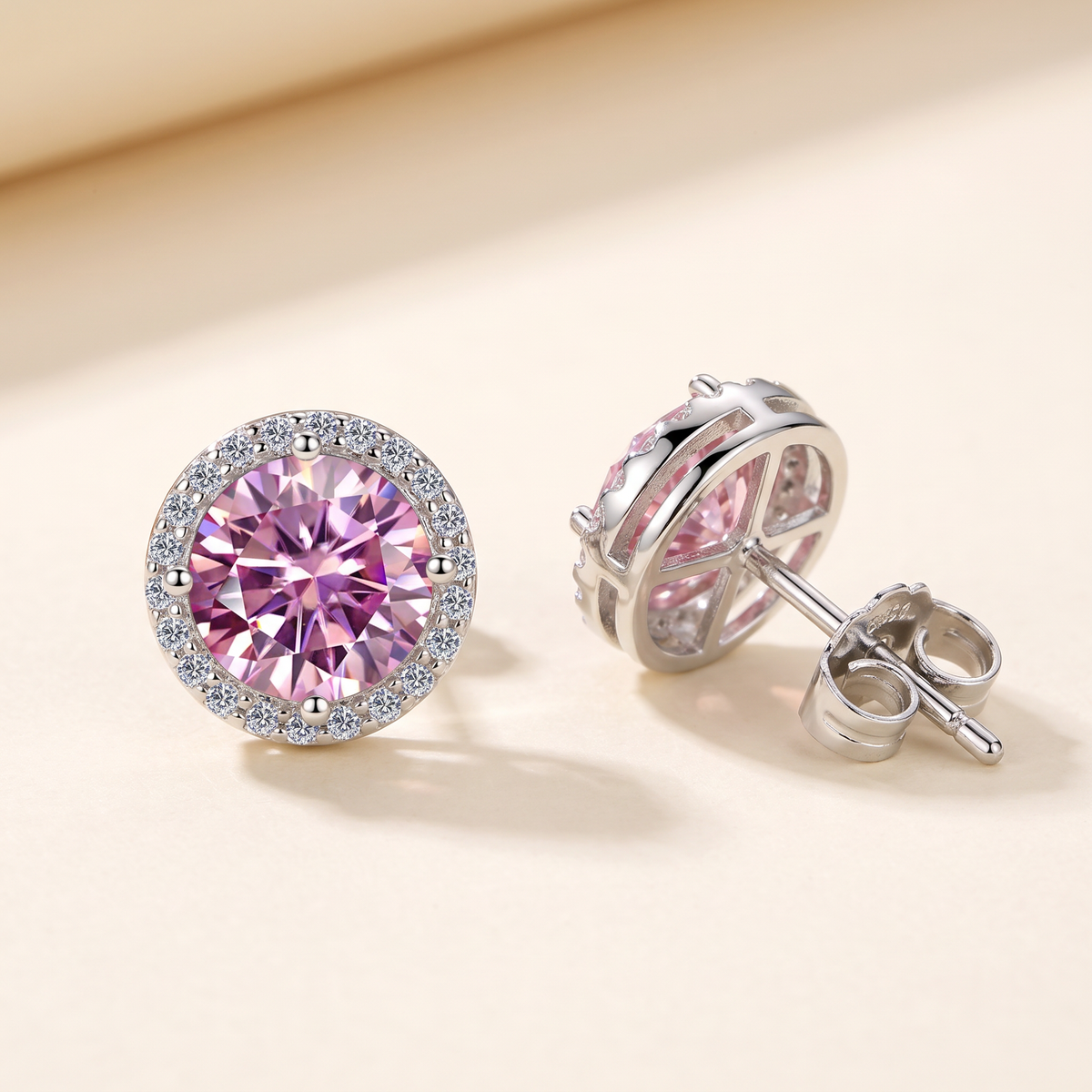 Opaline Colored Moissanite Halo Studs in Pink
