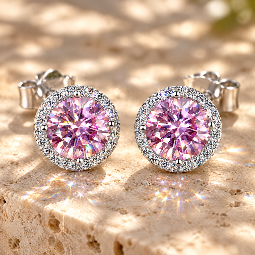 Opaline Colored Moissanite Halo Studs, close-up detail