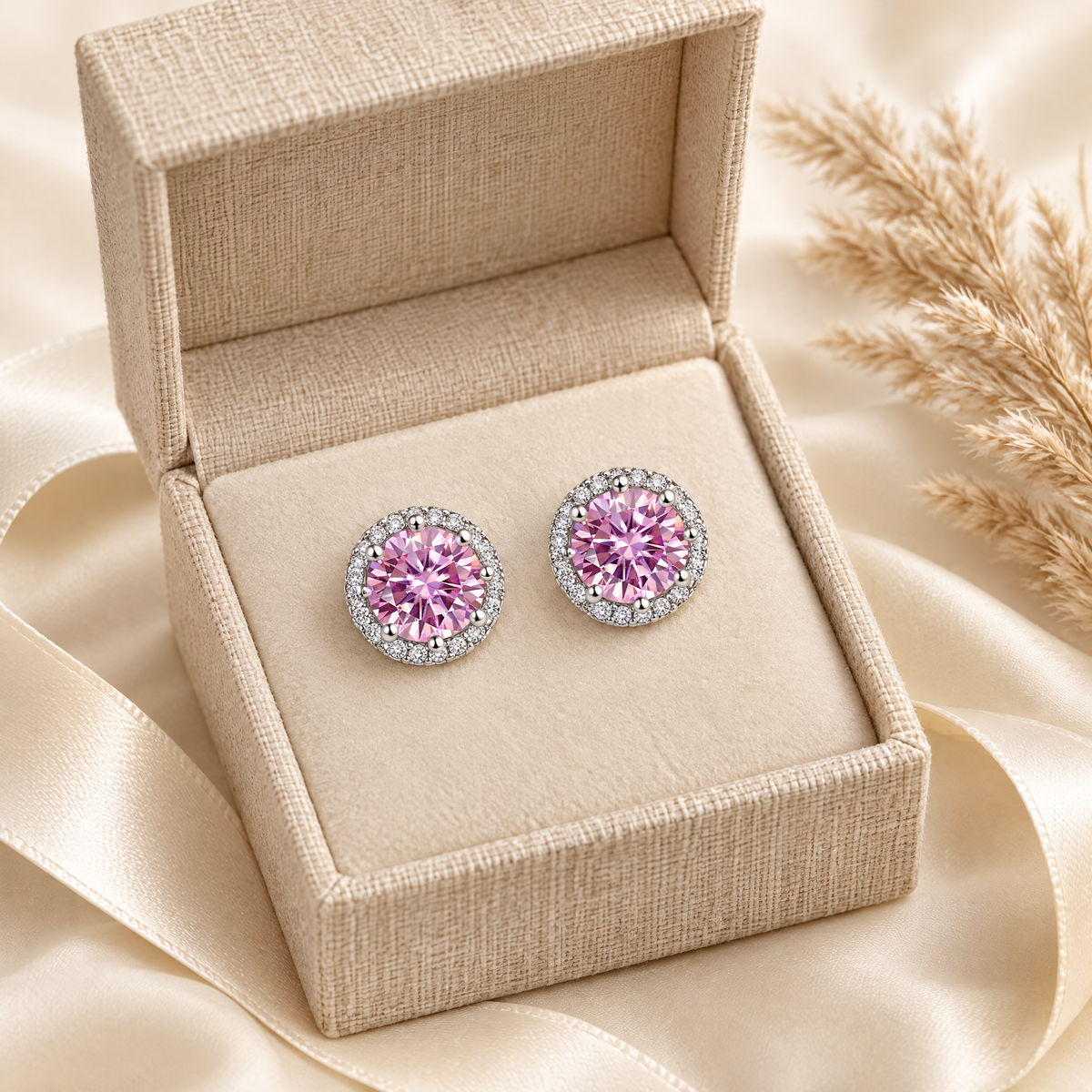 Opaline Colored Moissanite Halo Studs, presented in a box