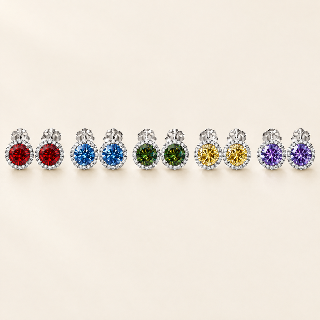 Opaline Colored Moissanite Halo Studs in Ruby Red, Royal Blue, Forest Green, Golden Yellow, Violet