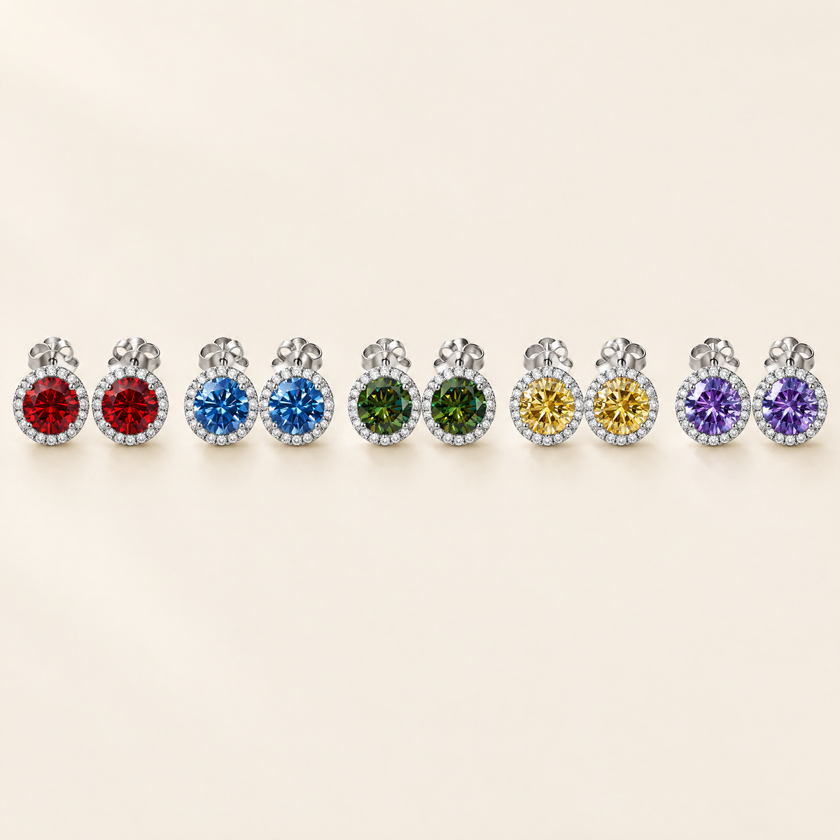 Opaline Colored Moissanite Halo Studs in Ruby Red, Royal Blue, Forest Green, Golden Yellow, Violet