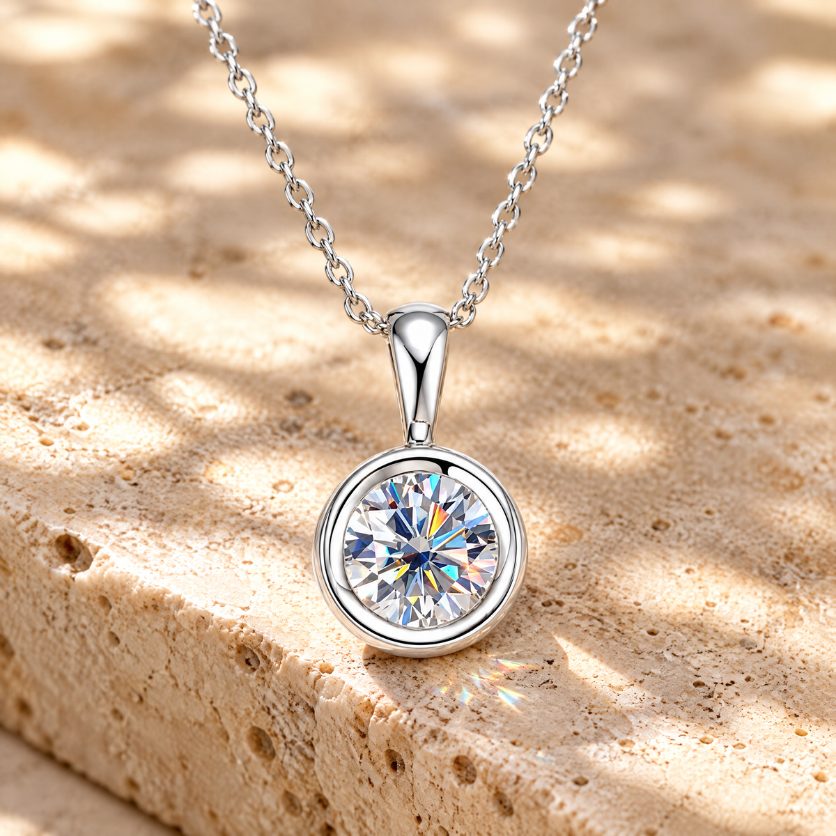Orbe Bezel Moissanite Drop Pendant, close-up detail