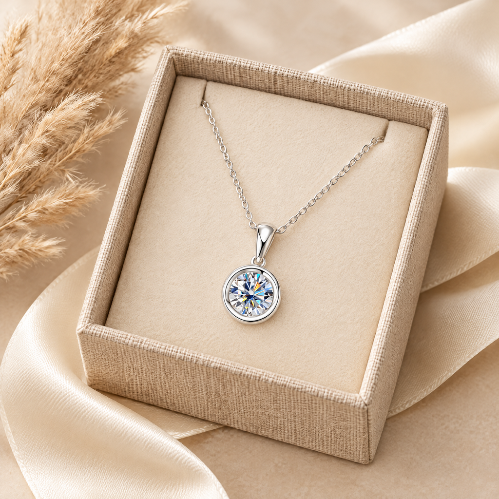 Orbe Bezel Moissanite Drop Pendant, presented in a box