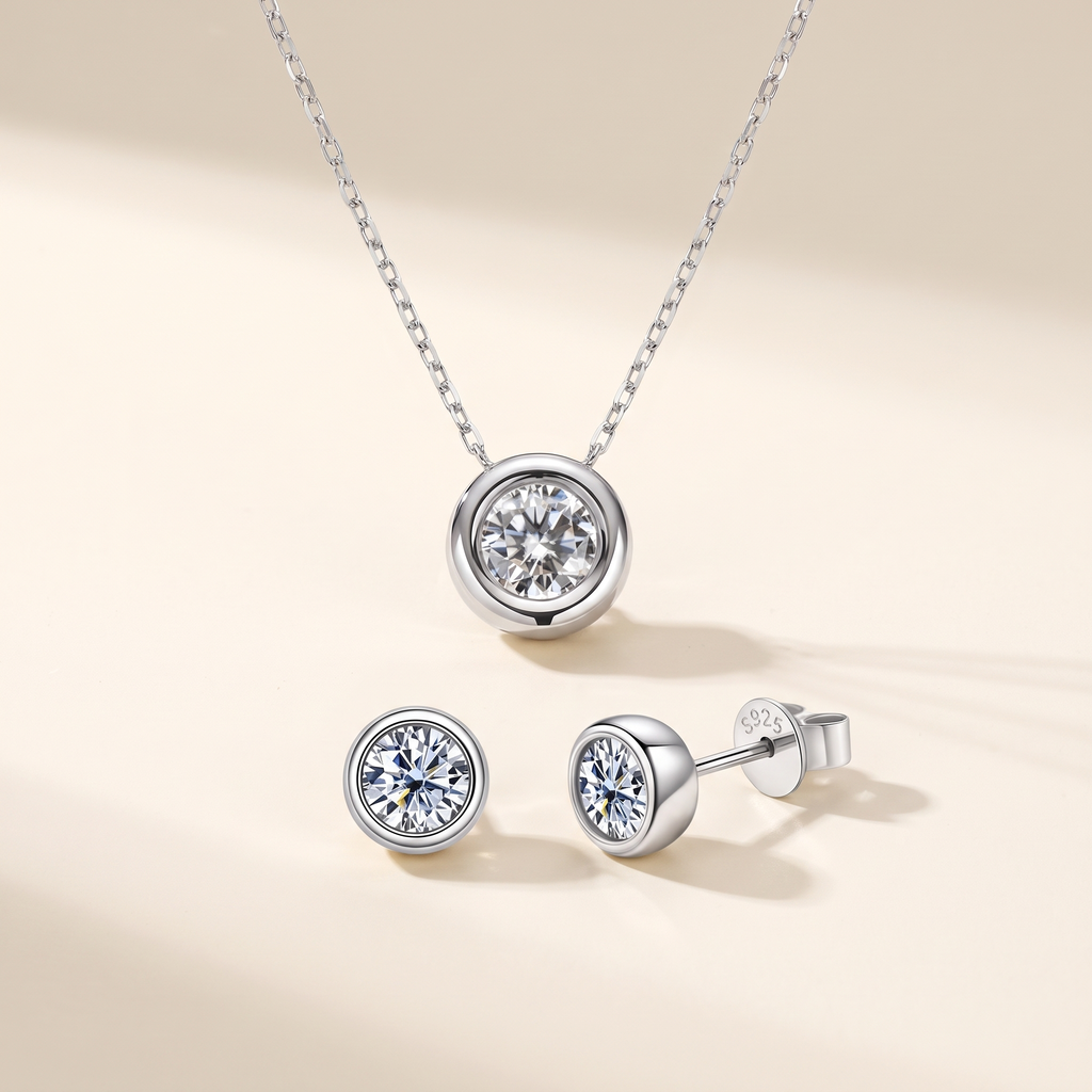Orbe Bezel Moissanite Necklace & Studs Set in White Gold