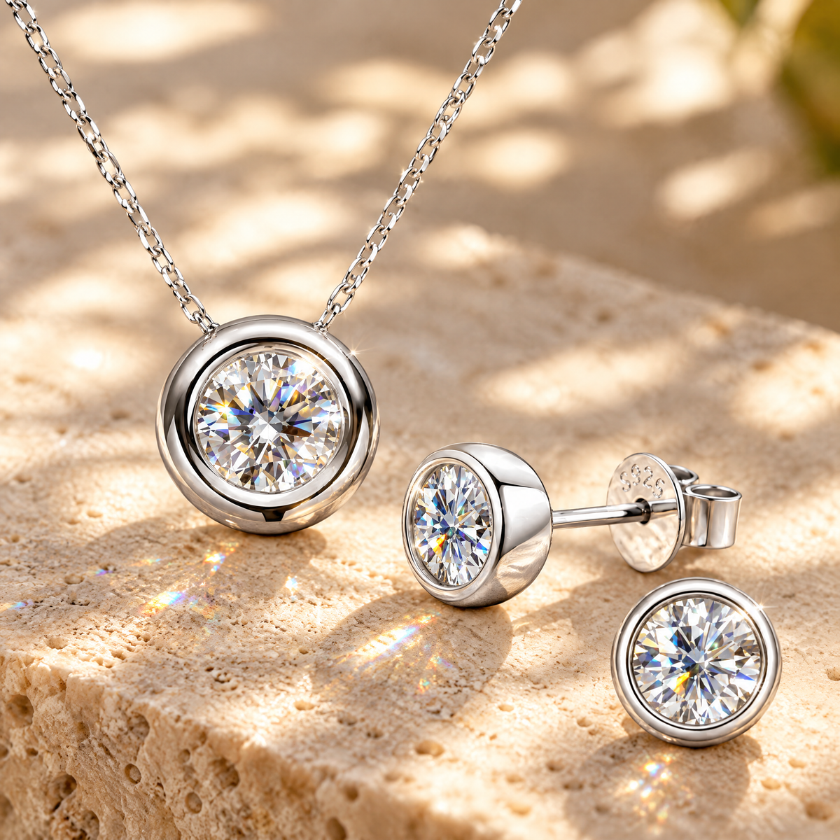 Orbe Bezel Moissanite Necklace & Studs Set, close-up detail