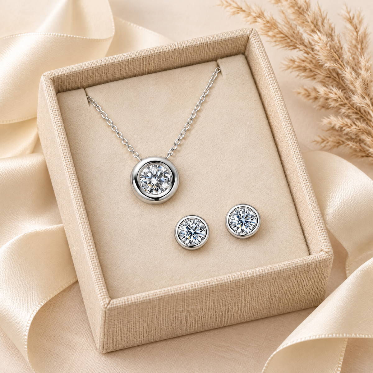 Orbe Bezel Moissanite Necklace & Studs Set, presented in a box