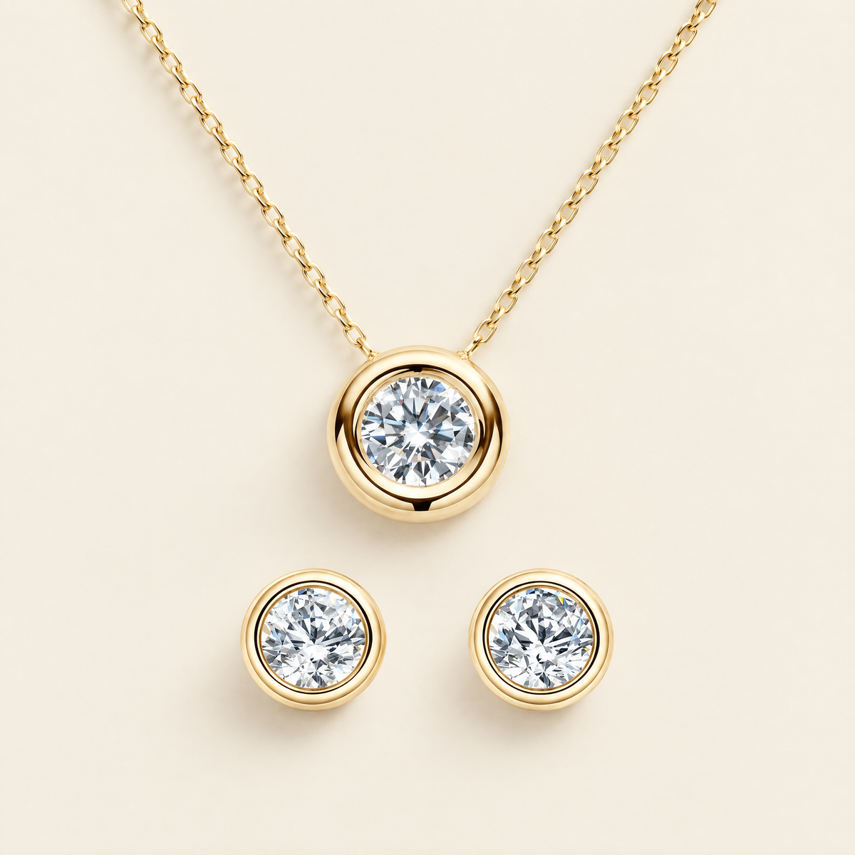 Orbe Bezel Moissanite Necklace & Studs Set in Yellow Gold