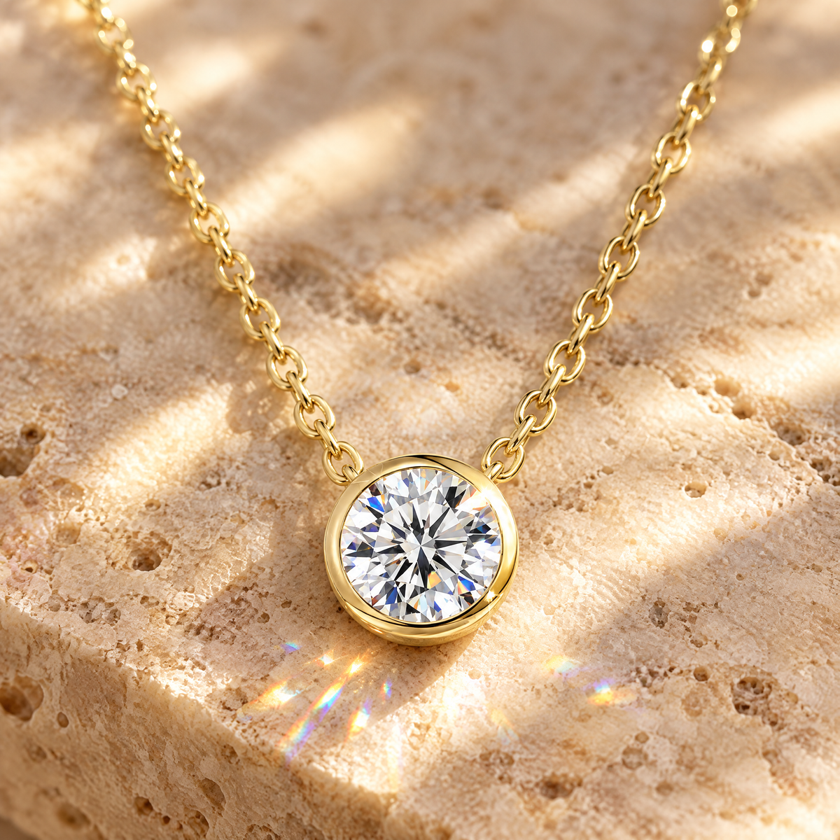 Orbe Bezel Moissanite Necklace, 14K Gold Filled, close-up detail