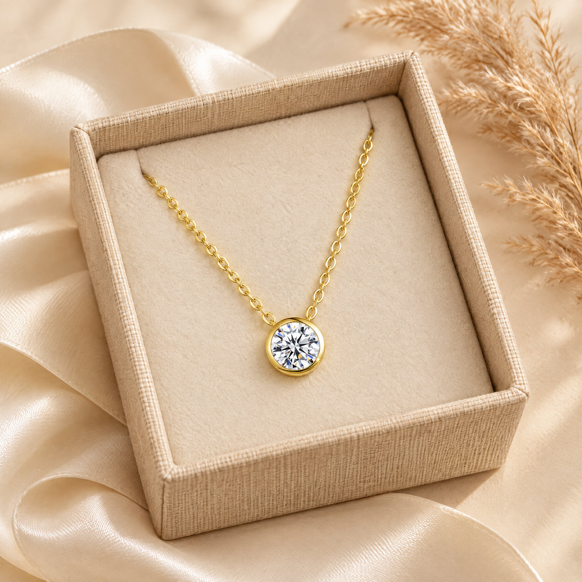Orbe Bezel Moissanite Necklace, 14K Gold Filled, presented in a box