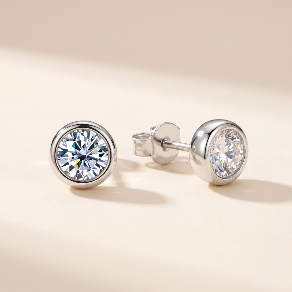 Orbe Bezel Moissanite Studs in White Gold