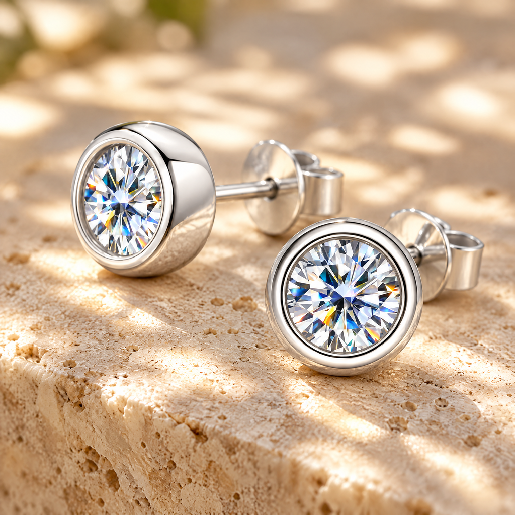 Orbe Bezel Moissanite Studs, close-up detail