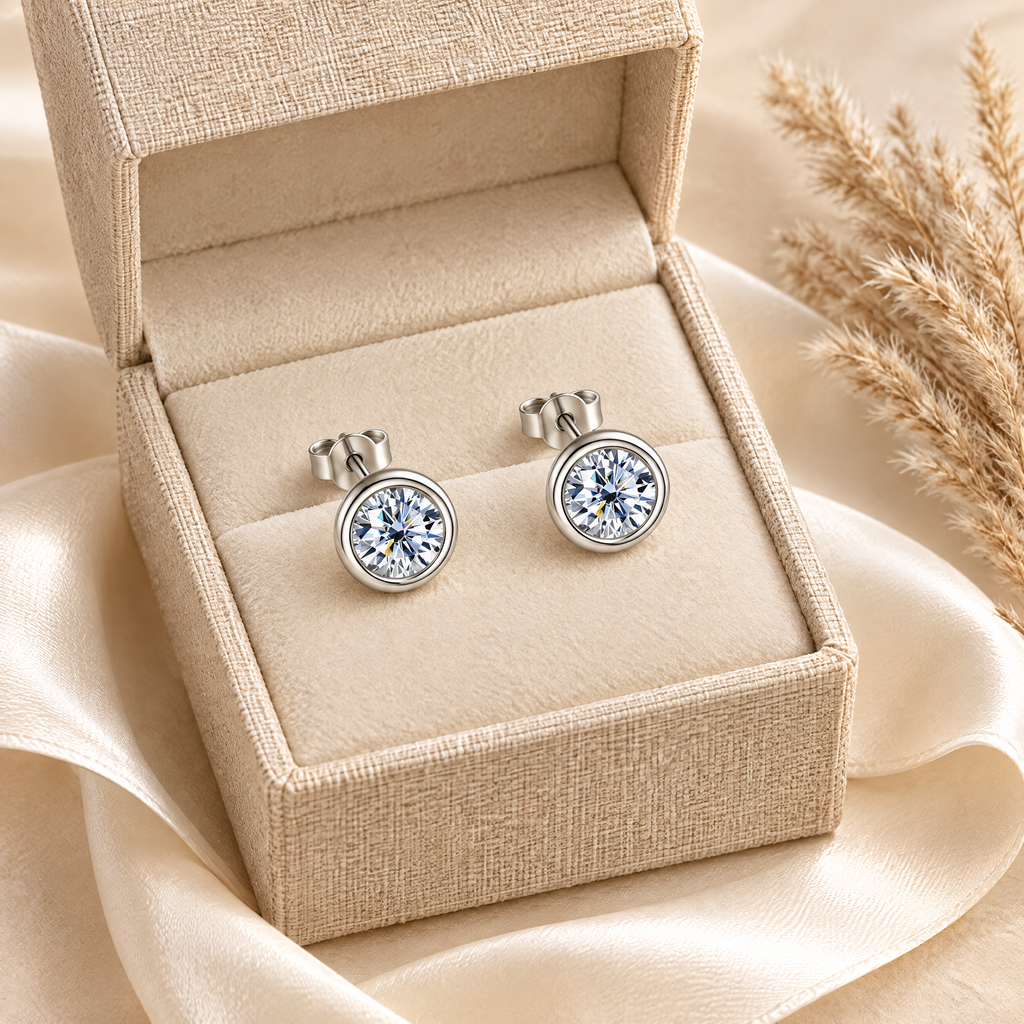 Orbe Bezel Moissanite Studs, presented in a box