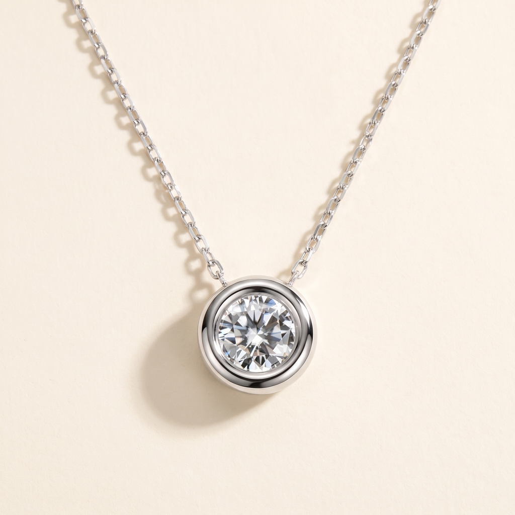 Orbe Floating Bezel Moissanite Necklace in White Gold