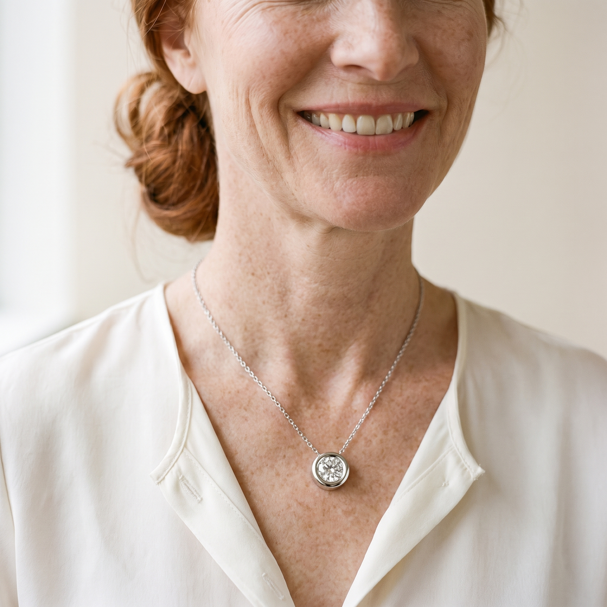 Orbe Floating Bezel Moissanite Necklace, worn by a woman