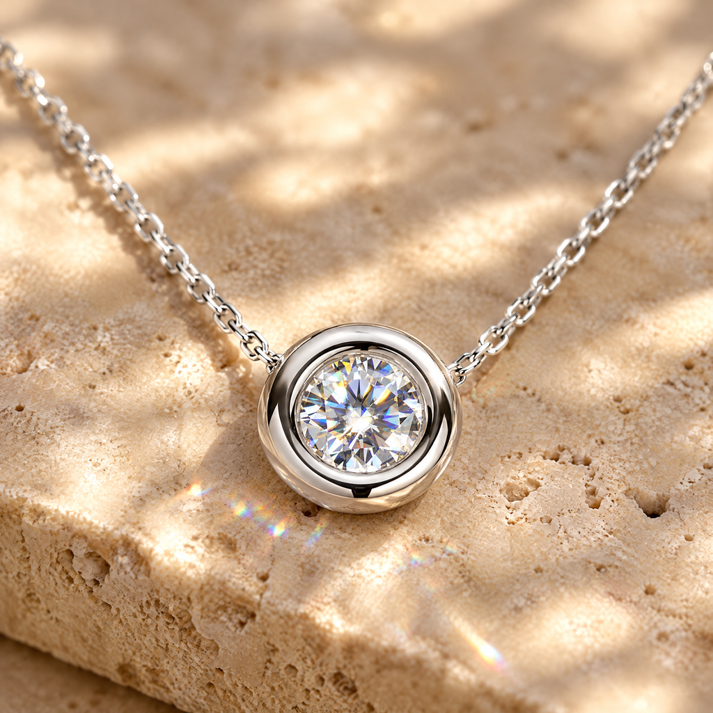 Orbe Floating Bezel Moissanite Necklace, close-up detail