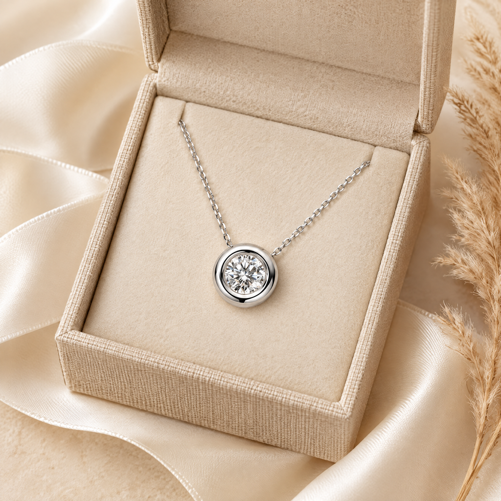 Orbe Floating Bezel Moissanite Necklace, presented in a box