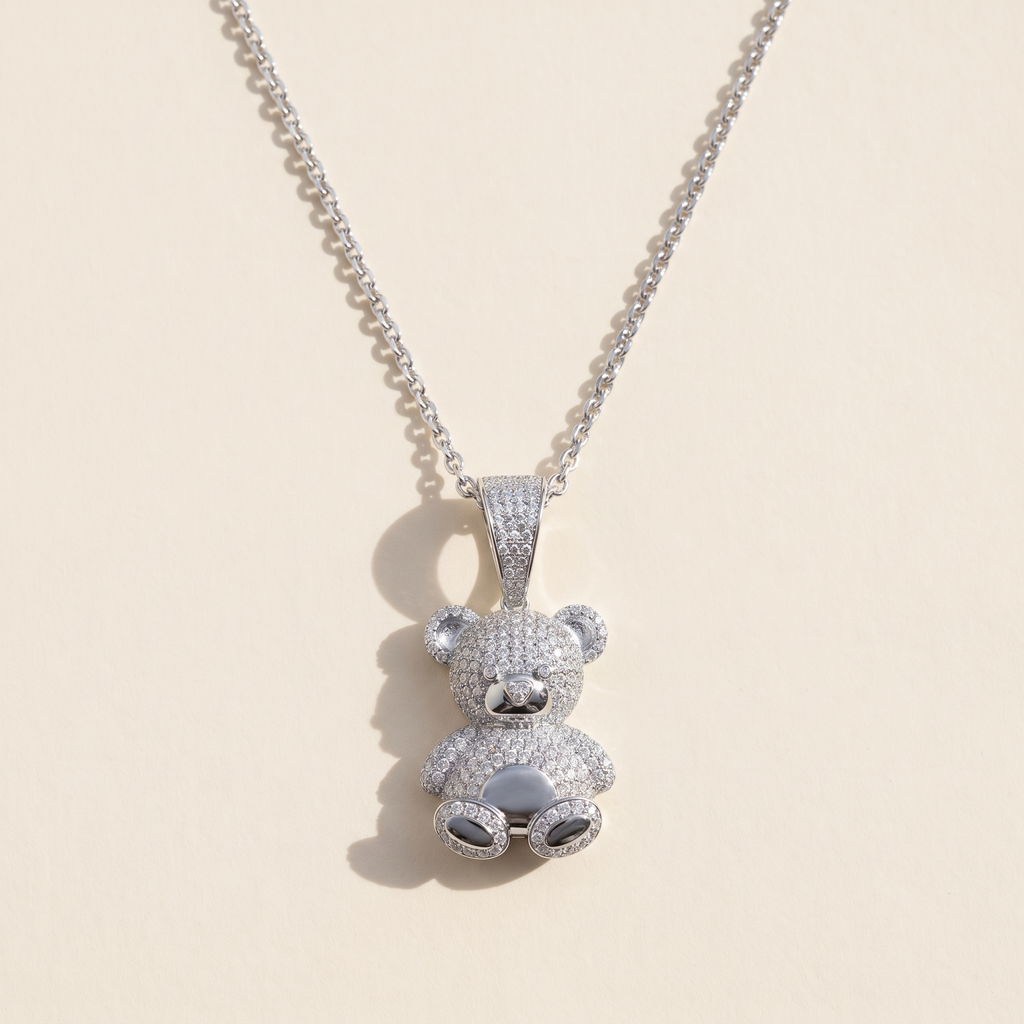 Ourson Moissanite Pavé Bear Pendant in 18K White Gold