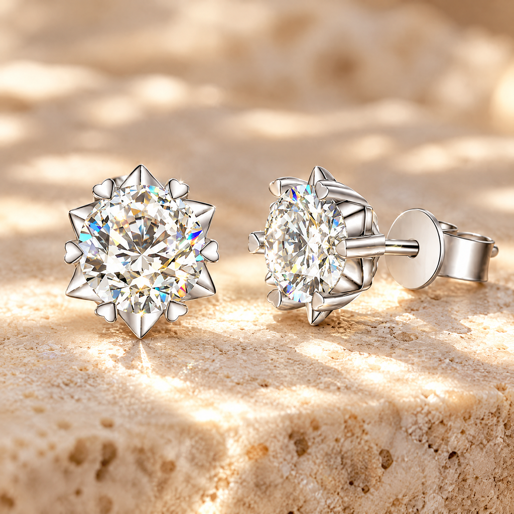 Pâquerette Moissanite Heart-Prong Studs, close-up detail