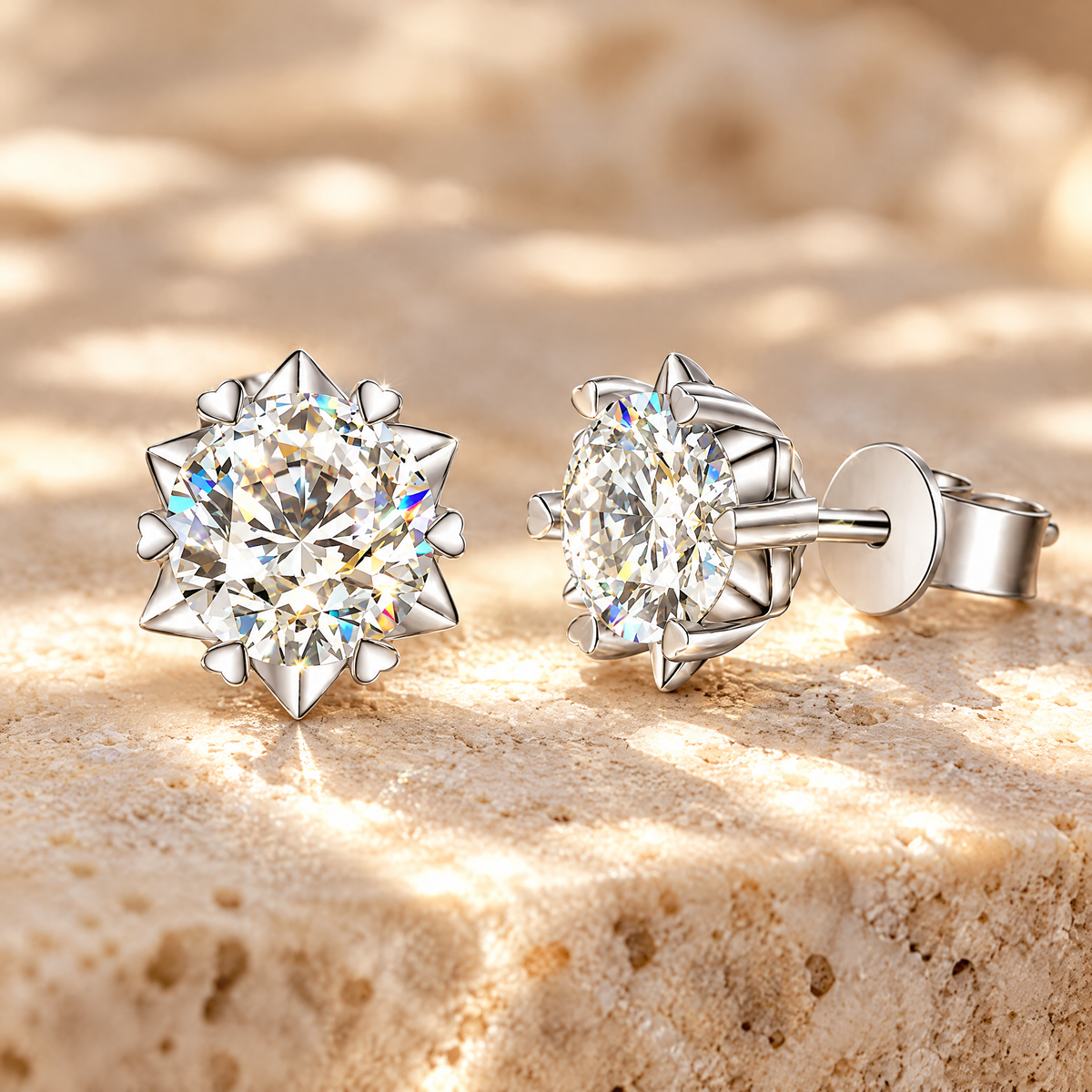 Pâquerette Moissanite Heart-Prong Studs, close-up detail