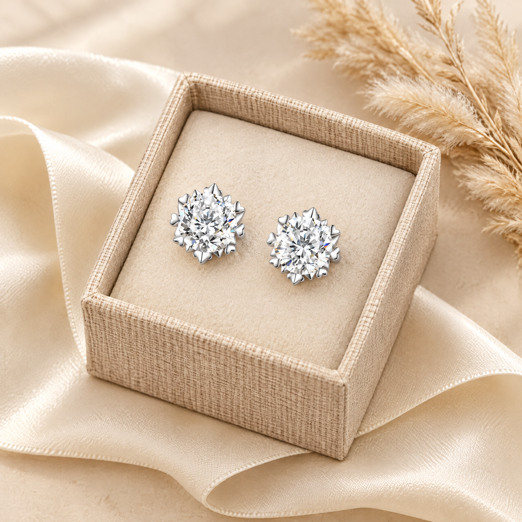Pâquerette Moissanite Heart-Prong Studs, presented in a box