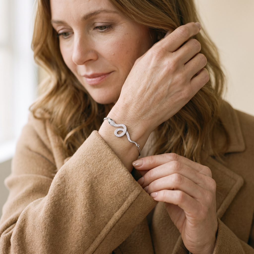 Petite Ève CZ Snake Bracelet, worn by a woman