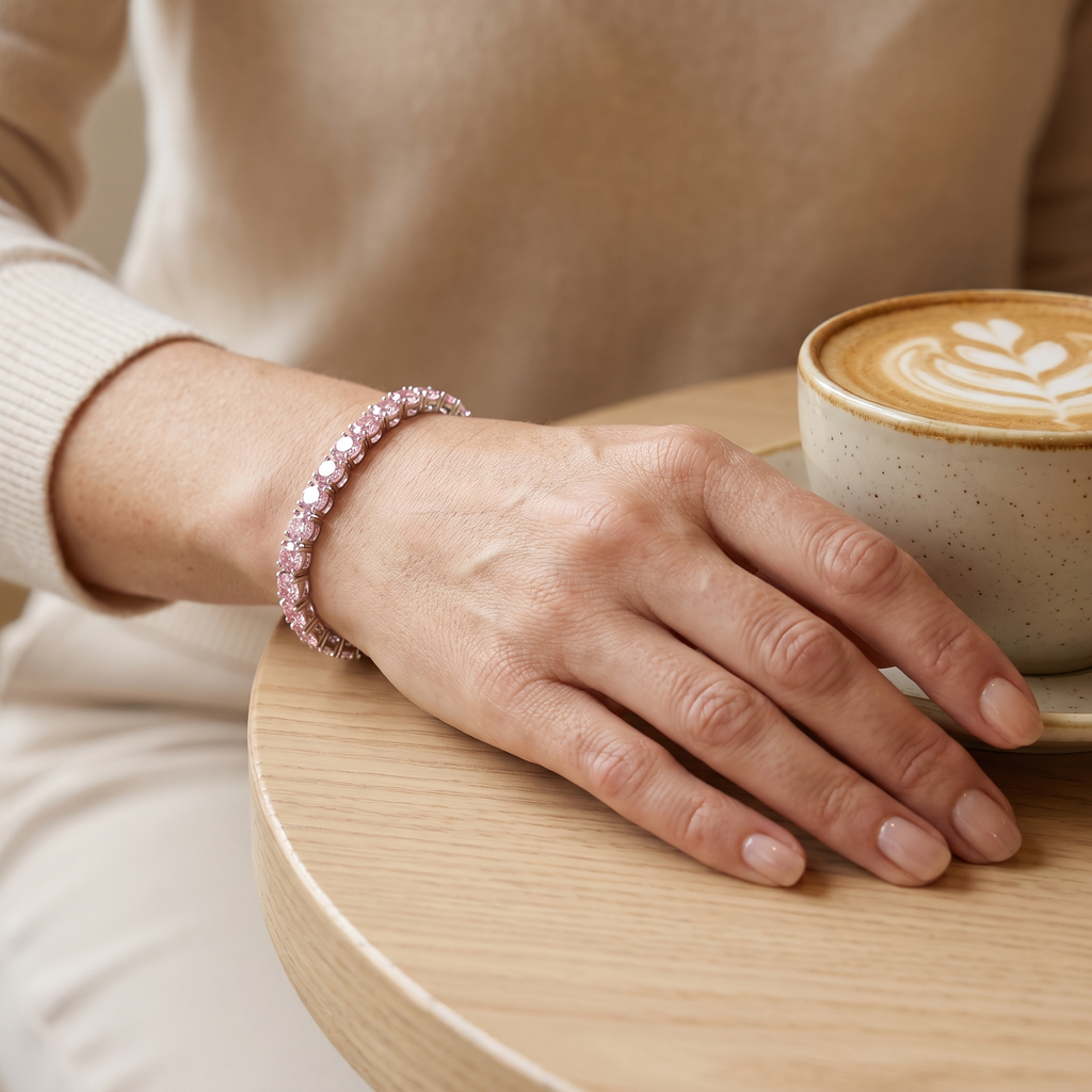 Pivoine Pink Moissanite Tennis Bracelet, worn by a woman