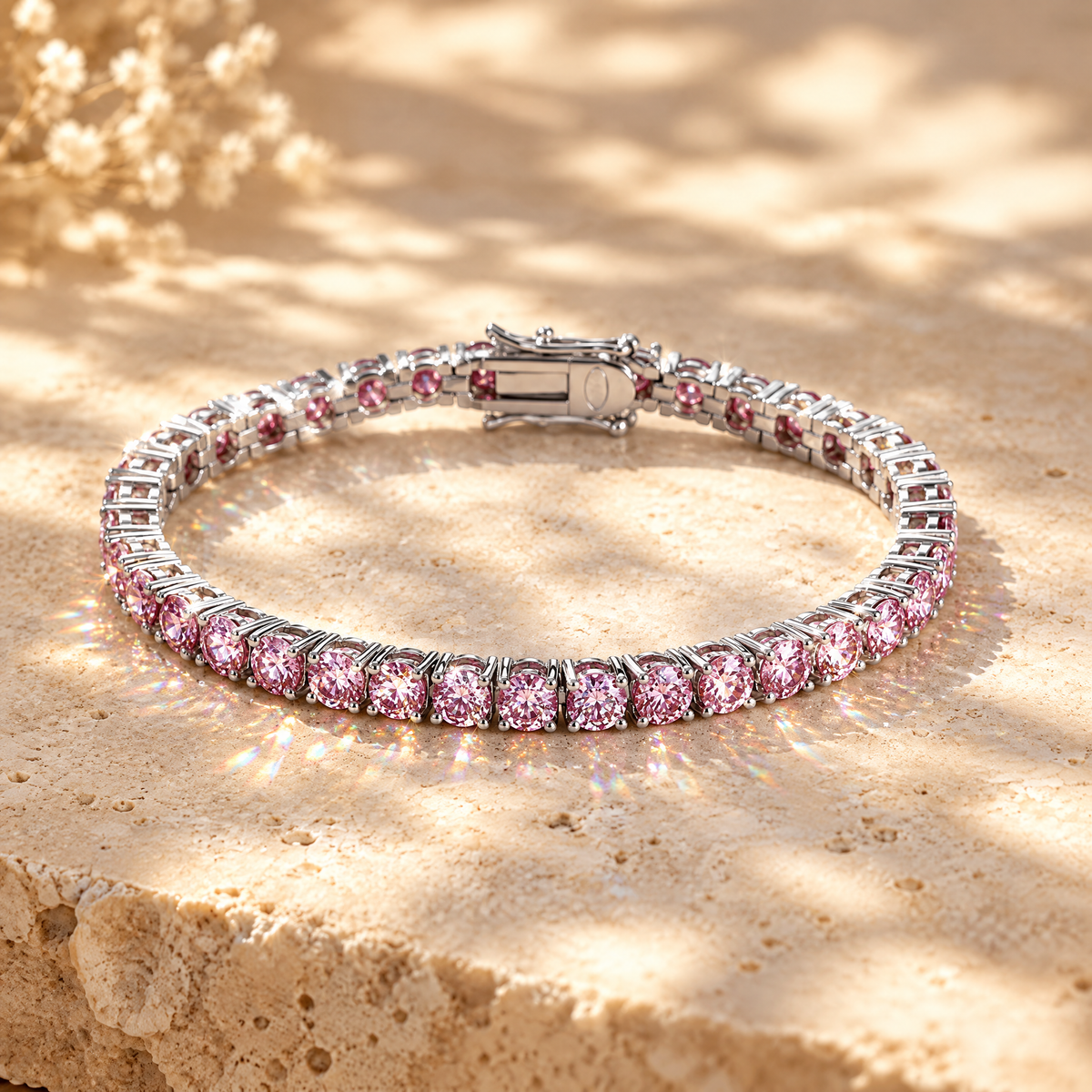 Pivoine Pink Moissanite Tennis Bracelet, close-up detail