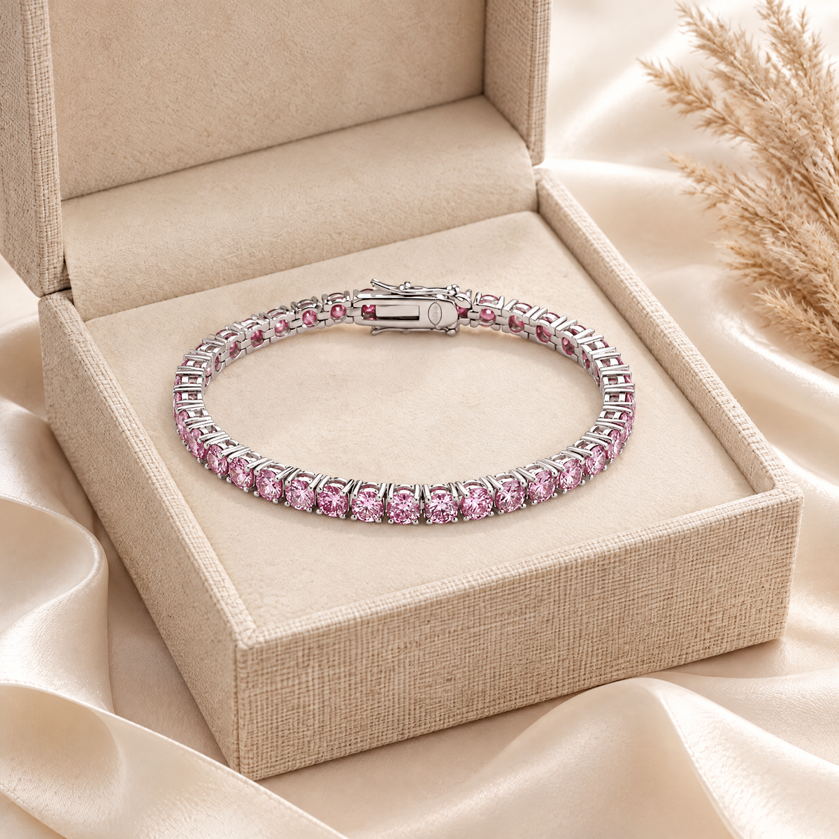 Pivoine Pink Moissanite Tennis Bracelet, presented in a box