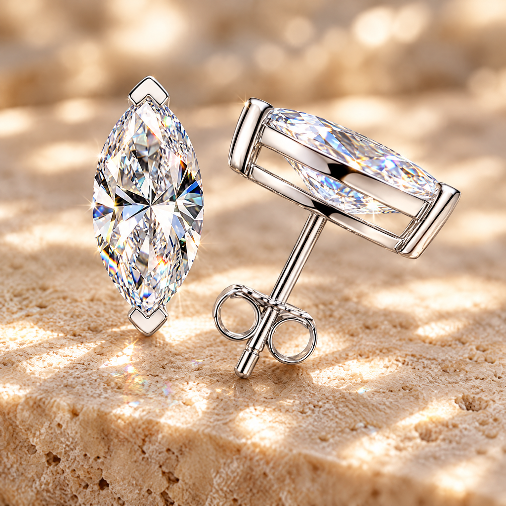 Pompadour Marquise-Cut Moissanite Studs, close-up detail