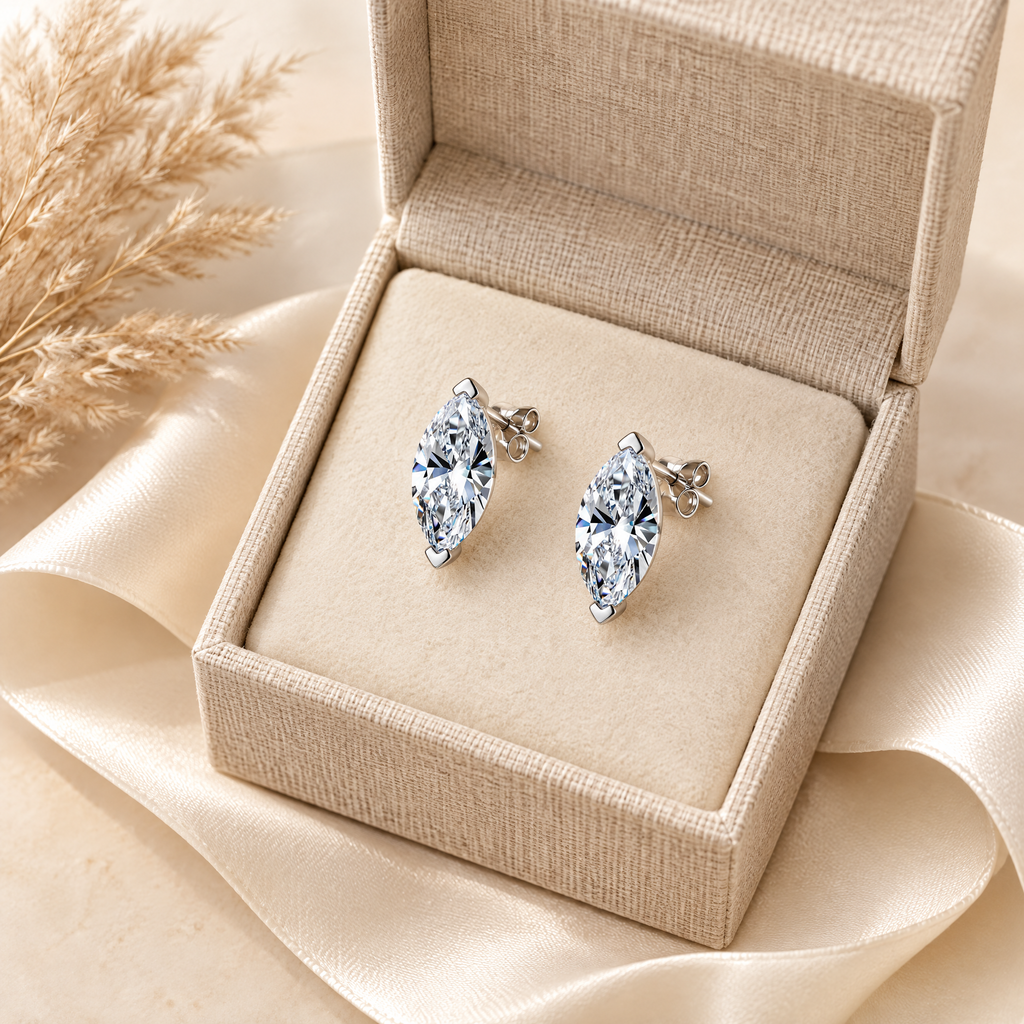 Pompadour Marquise-Cut Moissanite Studs, presented in a box