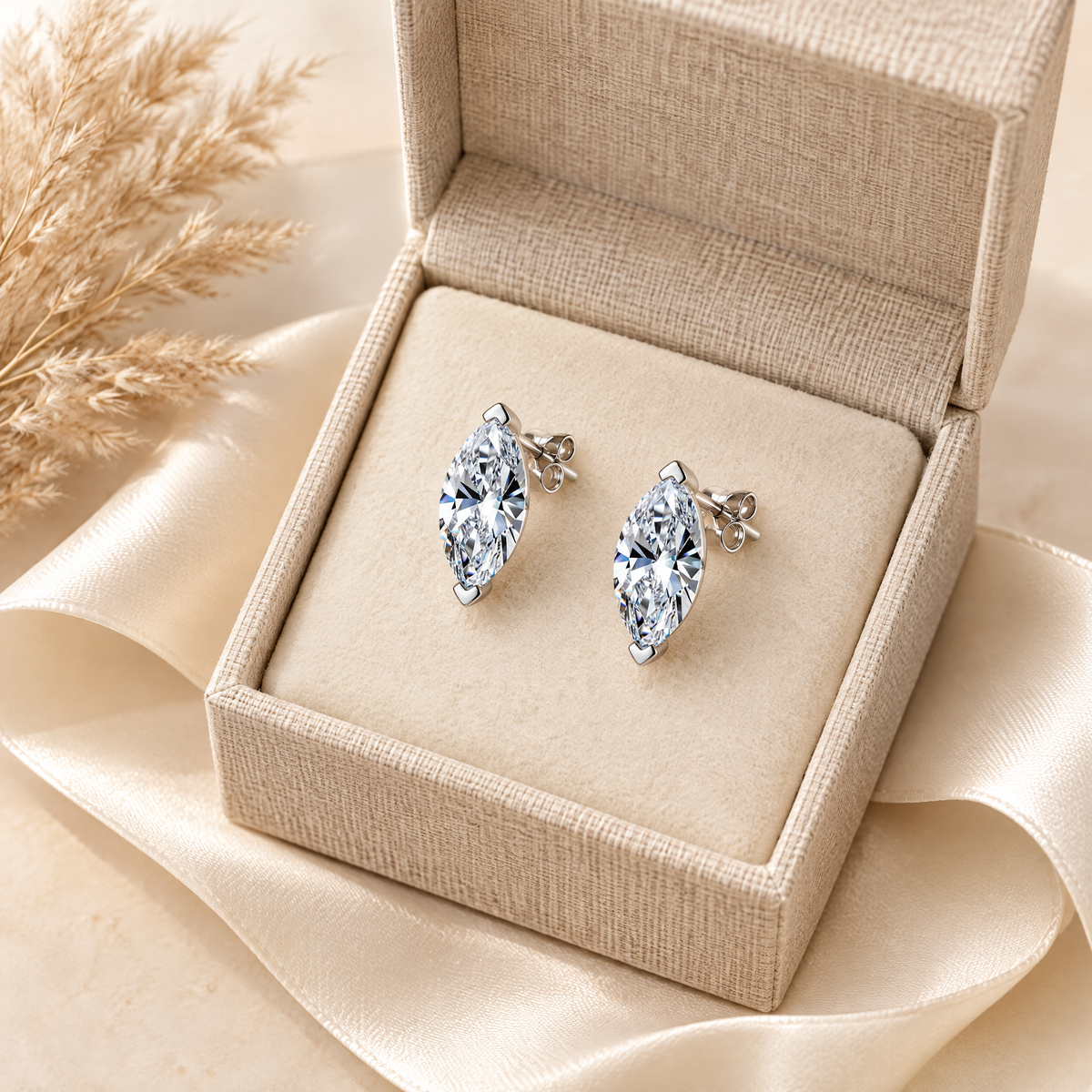 Pompadour Marquise-Cut Moissanite Studs, presented in a box