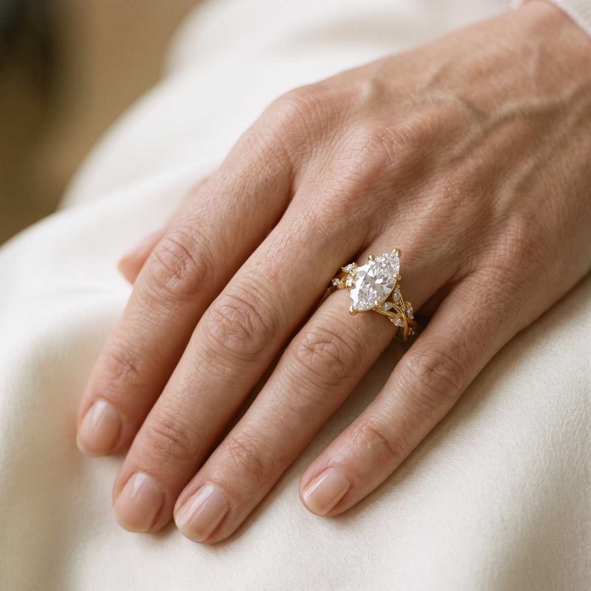 Pompadour Marquise Moissanite Engagement Ring, worn by a woman
