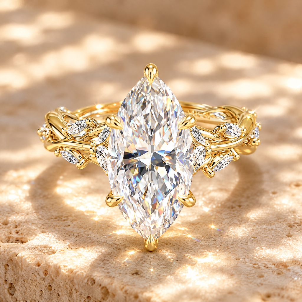 Pompadour Marquise Moissanite Engagement Ring, close-up detail