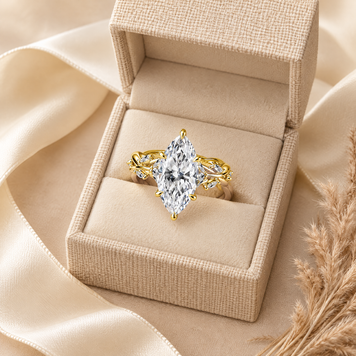 Pompadour Marquise Moissanite Engagement Ring, presented in a box