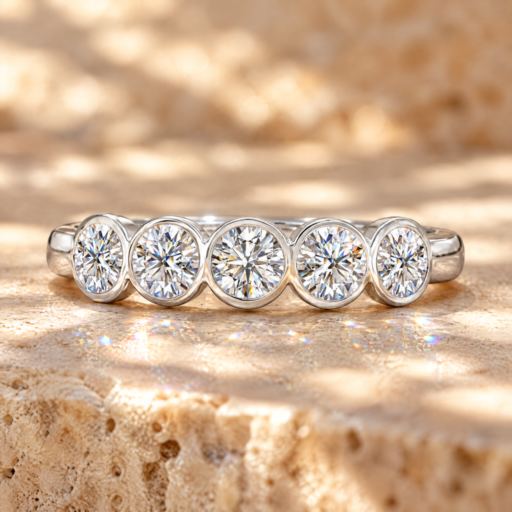 Quintette Five-Stone Bezel Moissanite Band, close-up detail