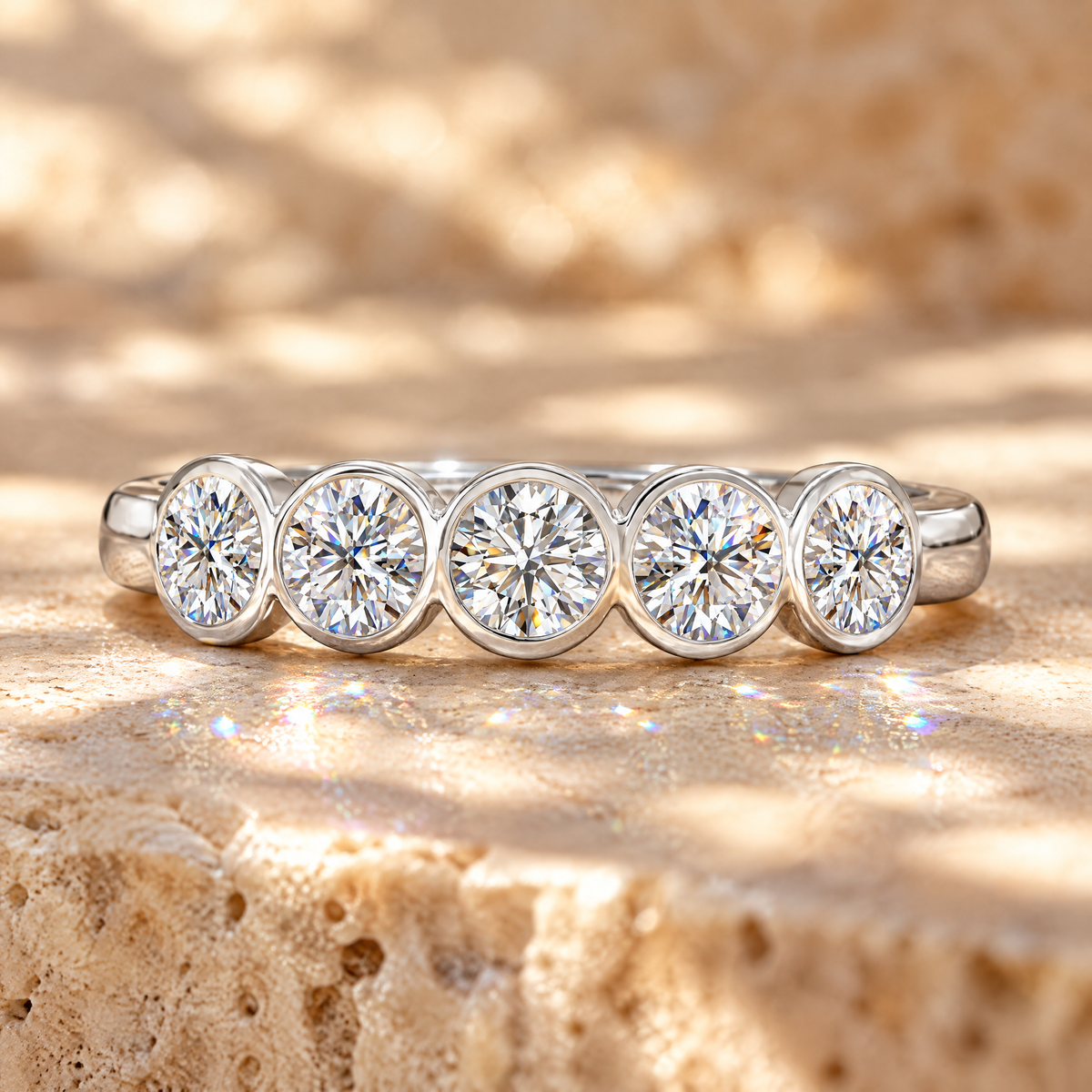 Quintette Five-Stone Bezel Moissanite Band, close-up detail