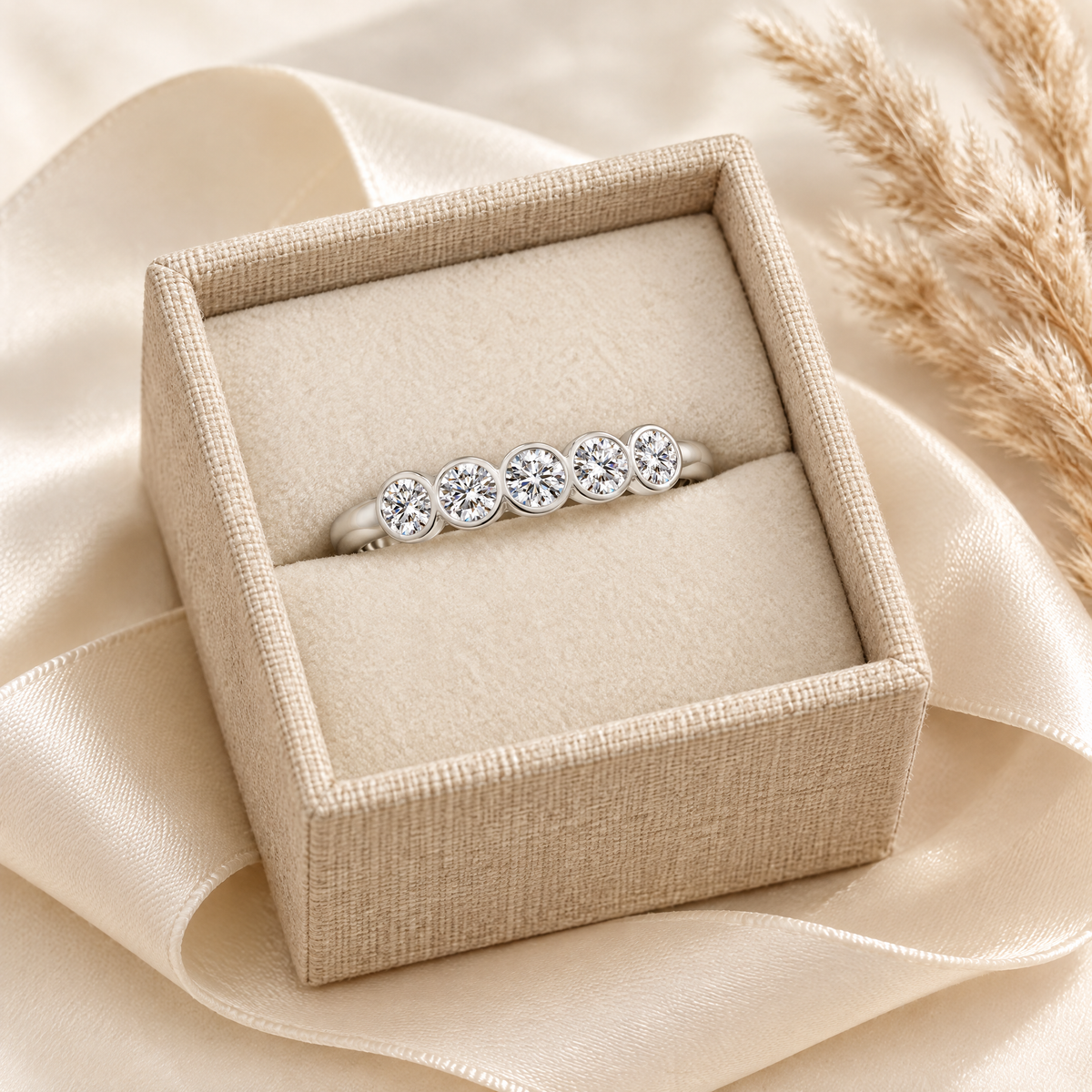 Quintette Five-Stone Bezel Moissanite Band, presented in a box