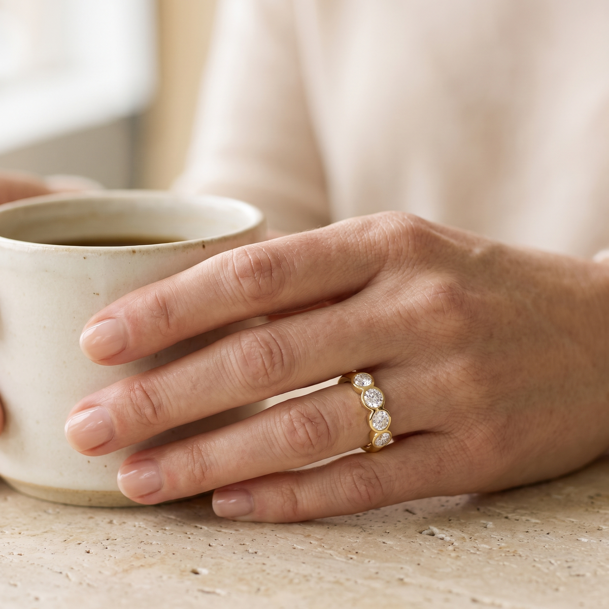 Quintette Five-Stone Bezel Moissanite Band, 14K Gold Filled, worn by a woman
